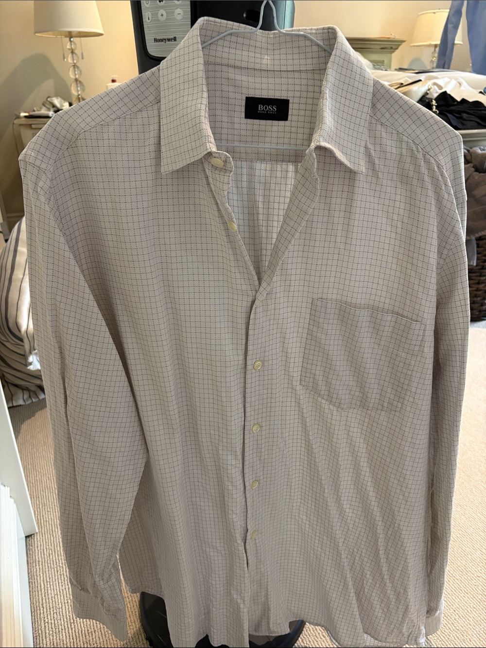 BOSS Beige and Light Gray Check Casual Button-Down Shirt